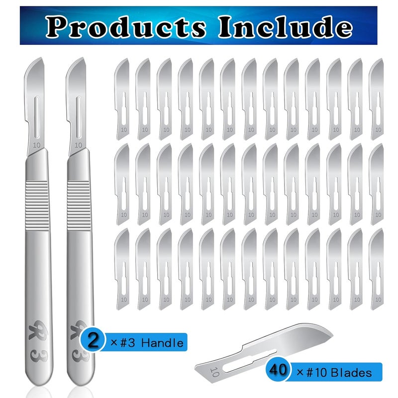 ZKKZOMA 40 Pieces Scalpel Blades #10 Scalpels Surgical Sterile with 2PCS #3 Handles & Storage Box,Individually Wrapped High Carbon Steel for Callus Removal,Sculpting, Cutting,Crafts More, silvery - Image 2